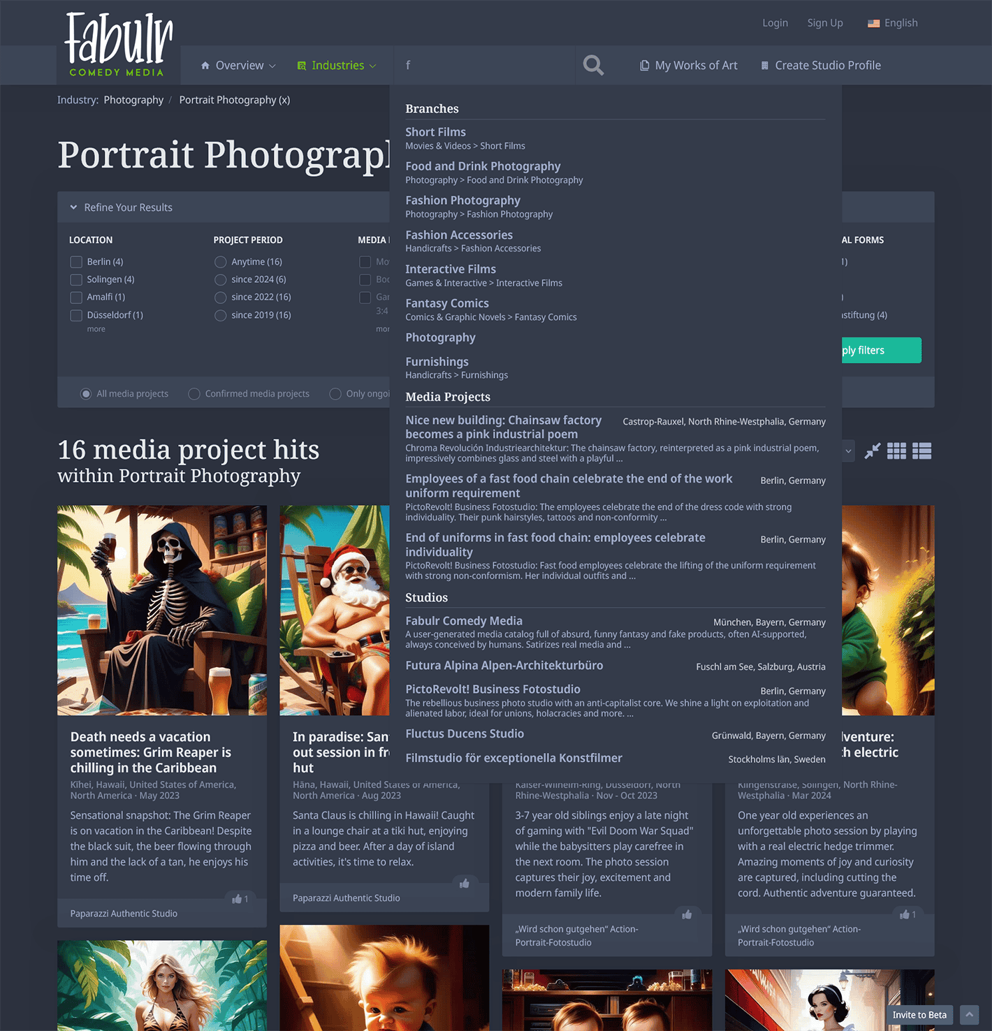 Search-as-you-type with quick links to media industries, comedy projects, studios and news - image