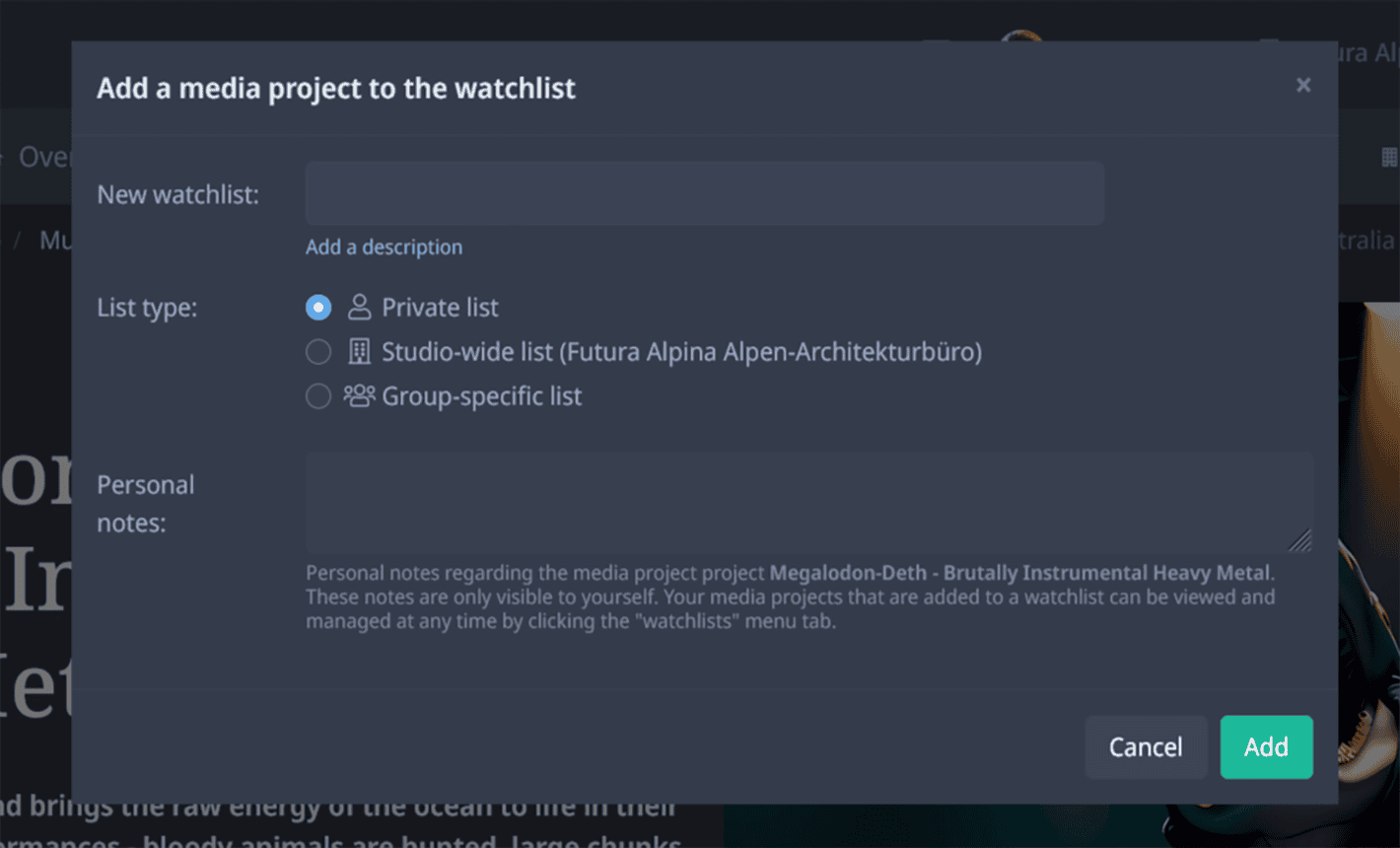 Media projects and studios can be saved in watchlists - image