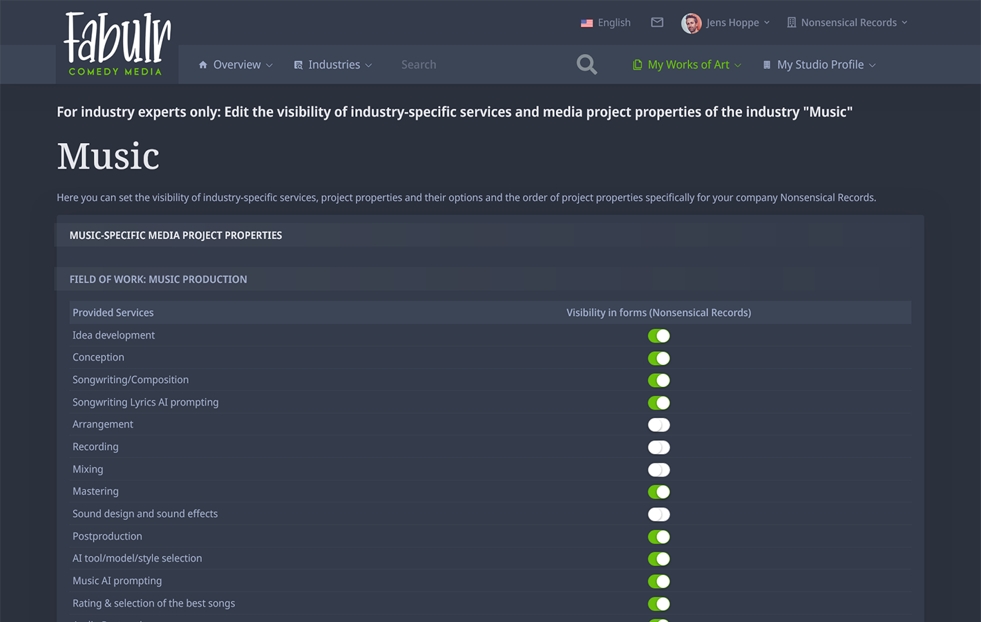 Visibility of industry-specific services in the filter and forms can be configured studio-specifically - image